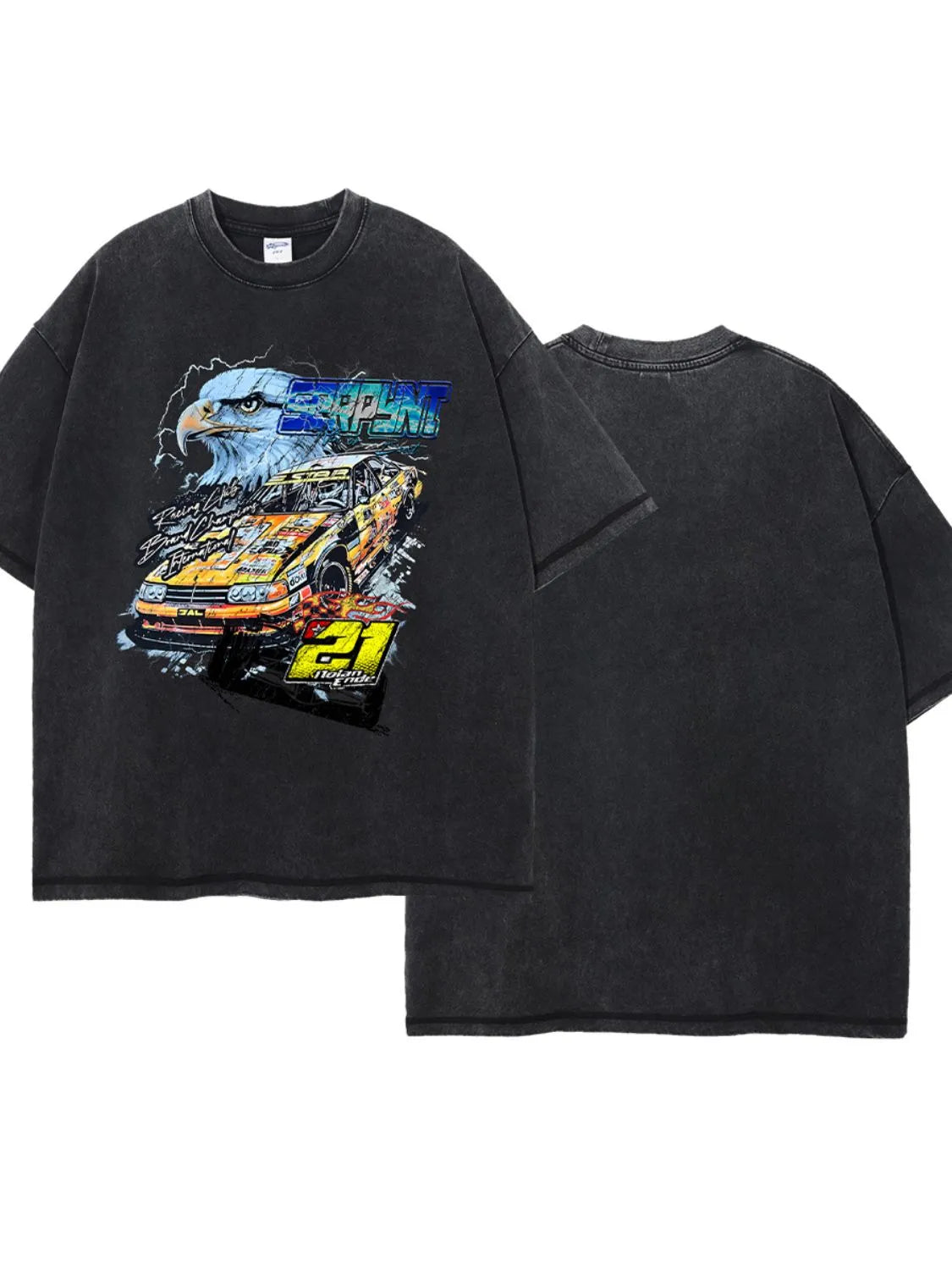 Black oversized tee with vintage race car and eagle graphic print
