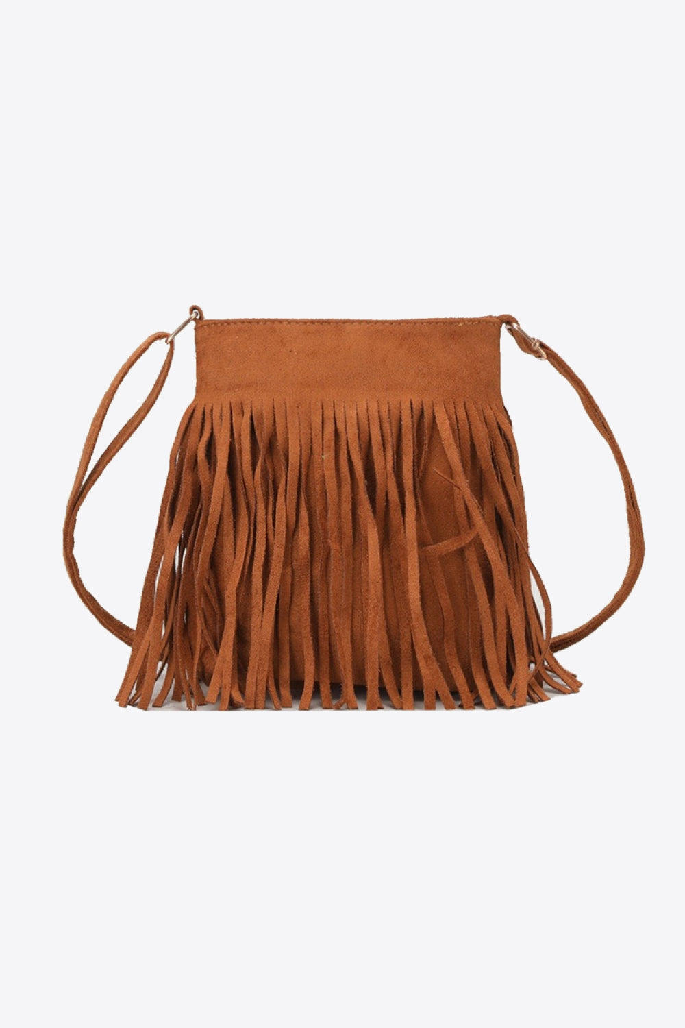 Caramel suede crossbody bag with fringe detail and adjustable strap