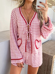 Pink gingham lounge set with heart pockets and tie-front top.