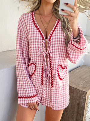 Pink gingham lounge set with heart pockets and tie-front top.
