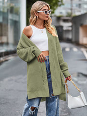 Open-stitch waffle knit duster cardigan in Matcha Green with long sleeves and side slits.