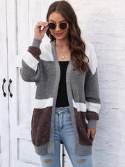 Colorblock knit open cardigan in dark gray, white, and brown with a relaxed fit.