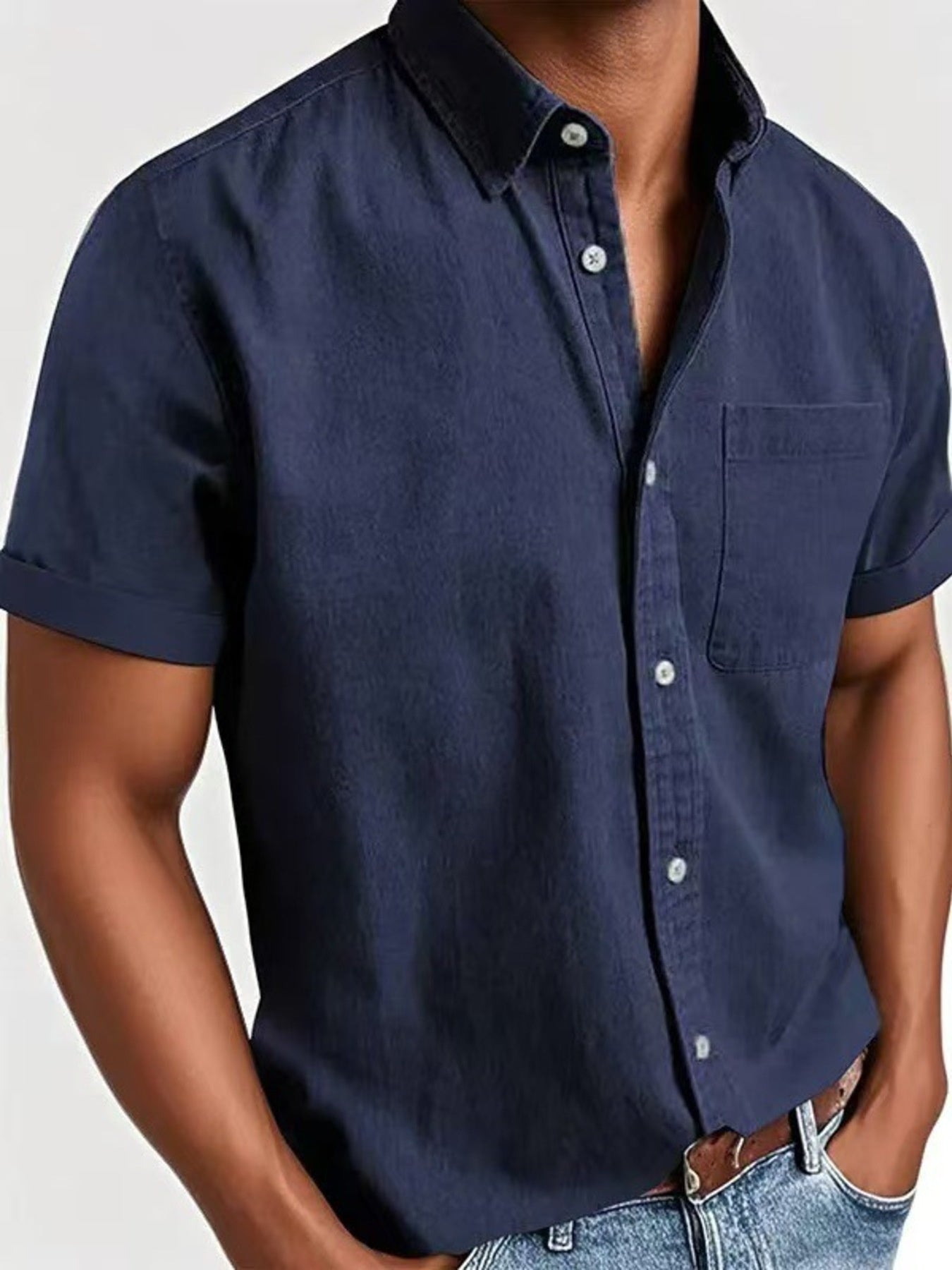 Men's dark blue short sleeve button-down shirt with chest pocket