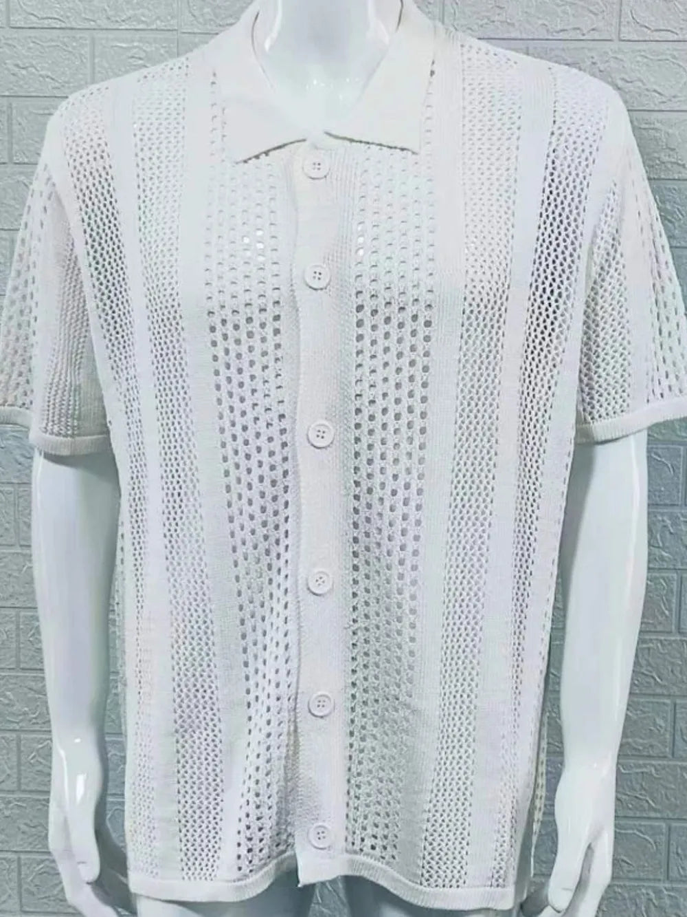 Ivory open-knit resort shirt with short sleeves and button front