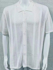 Ivory open-knit resort shirt with short sleeves and button front