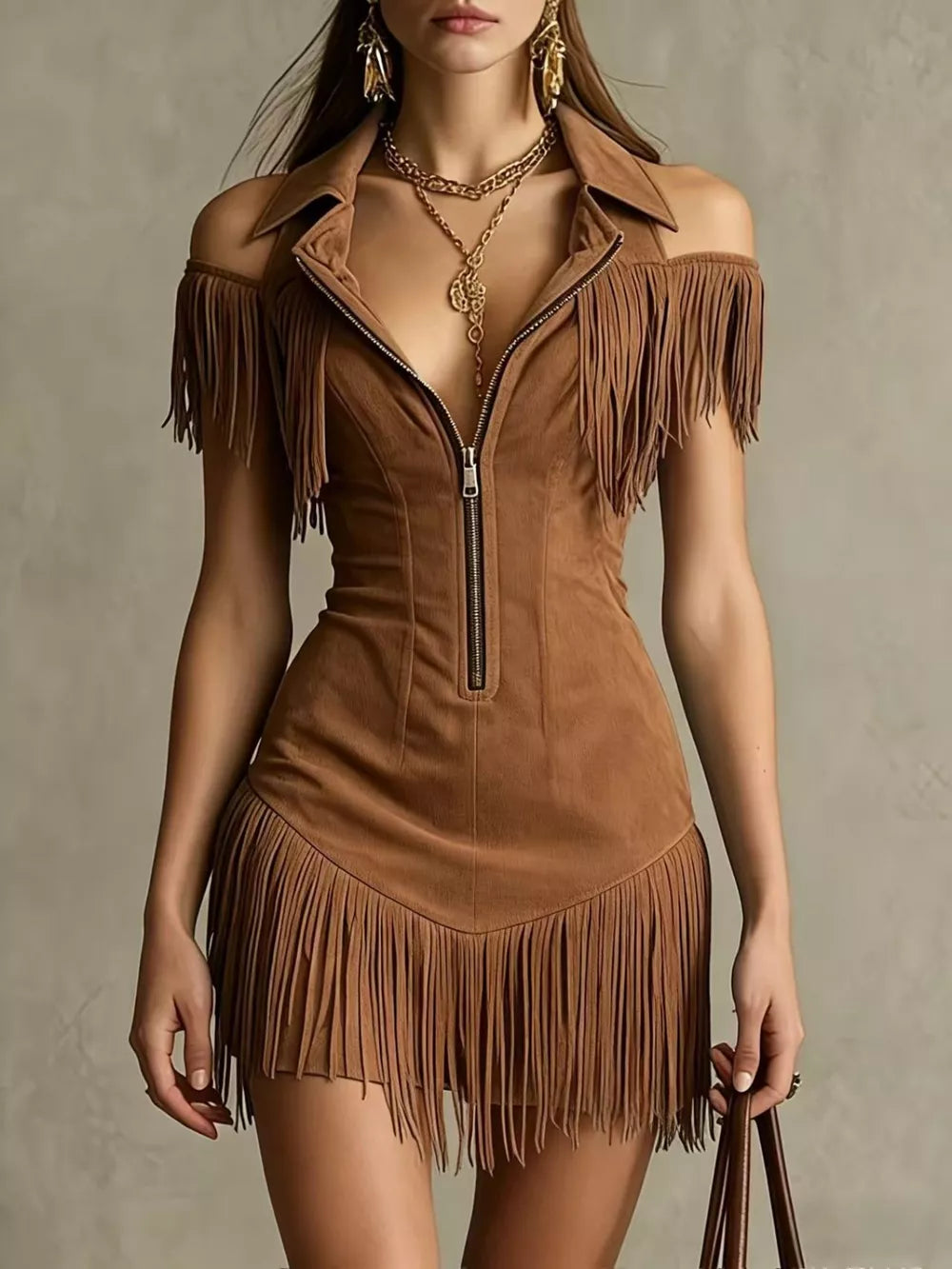 Brown fringed cold shoulder mini dress with zipper detail and collar