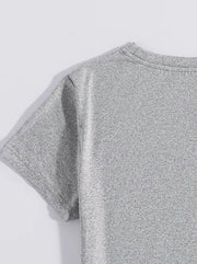Gray polyester t-shirt with short sleeves and crew neck.