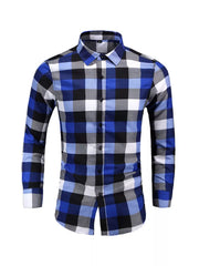 Men's long sleeve buttoned shirt in blue, black, white, and grey plaid cotton.