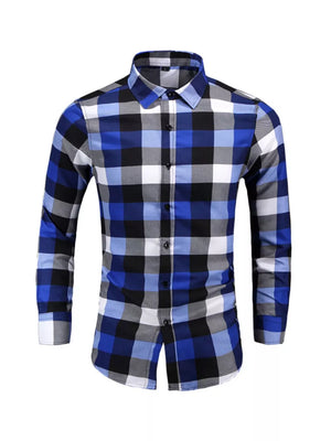 Men's long sleeve buttoned shirt in blue, black, white, and grey plaid cotton.
