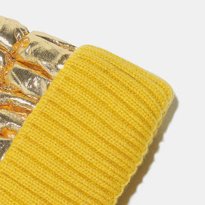 Metallic padded beanie with yellow ribbed cuff