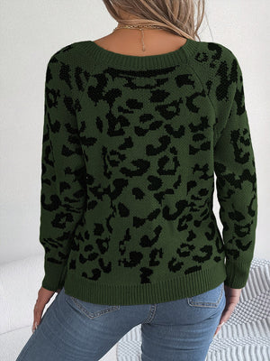 Army green acrylic sweater with black leopard print, crew neck, long sleeves.