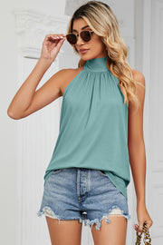 Light Green high neck halter tank top with ruched detail