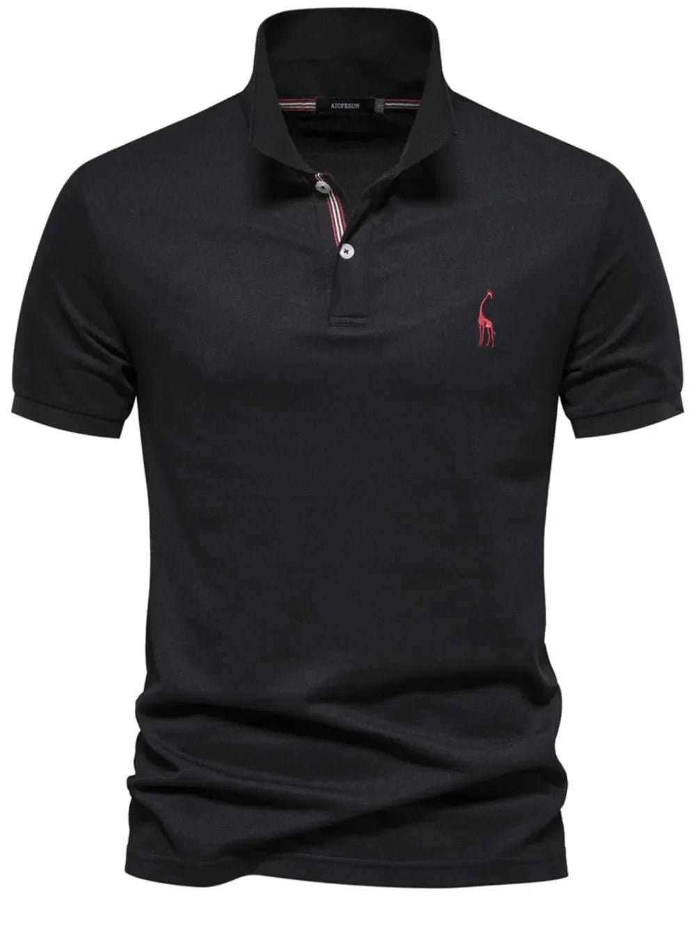 Black piqué polo shirt with giraffe embroidery and striped collar detail.