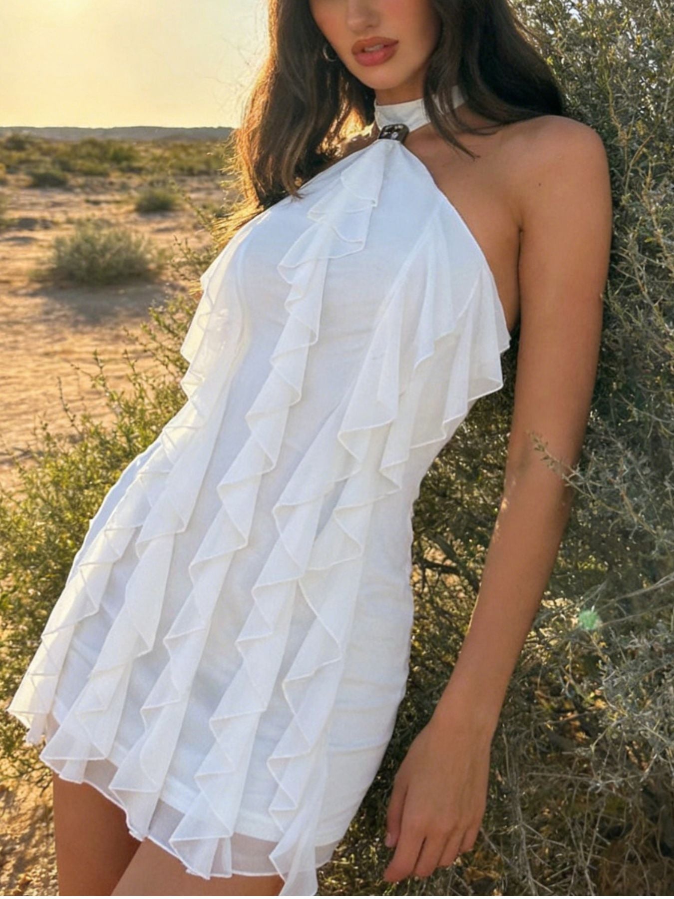 Choker neck ruffle mini dress in black, white, or pastel yellow.