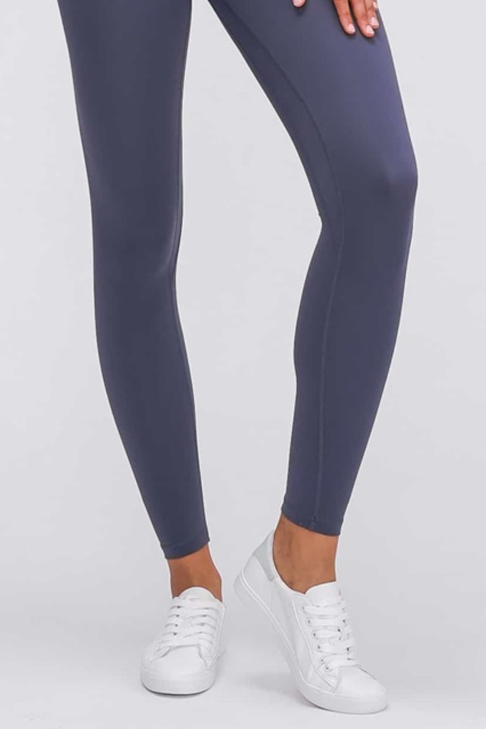 SoftLux High Rise Leggings in Steel, full length, with a side seam detail.