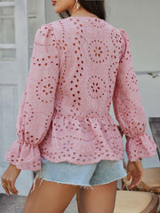 Dusty pink eyelet embroidered peplum blouse with ruffled bell sleeves.