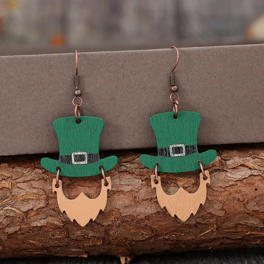 Green leprechaun hat and beard earrings, wooden, with buckle detail