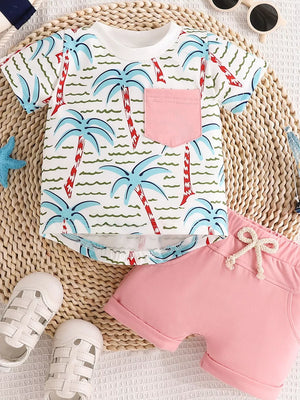 Children's Palm Tree Print T-shirt And Shorts Set in Caramel, view 11