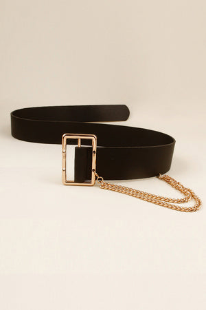 Black faux leather belt with gold buckle and draped chain detail.