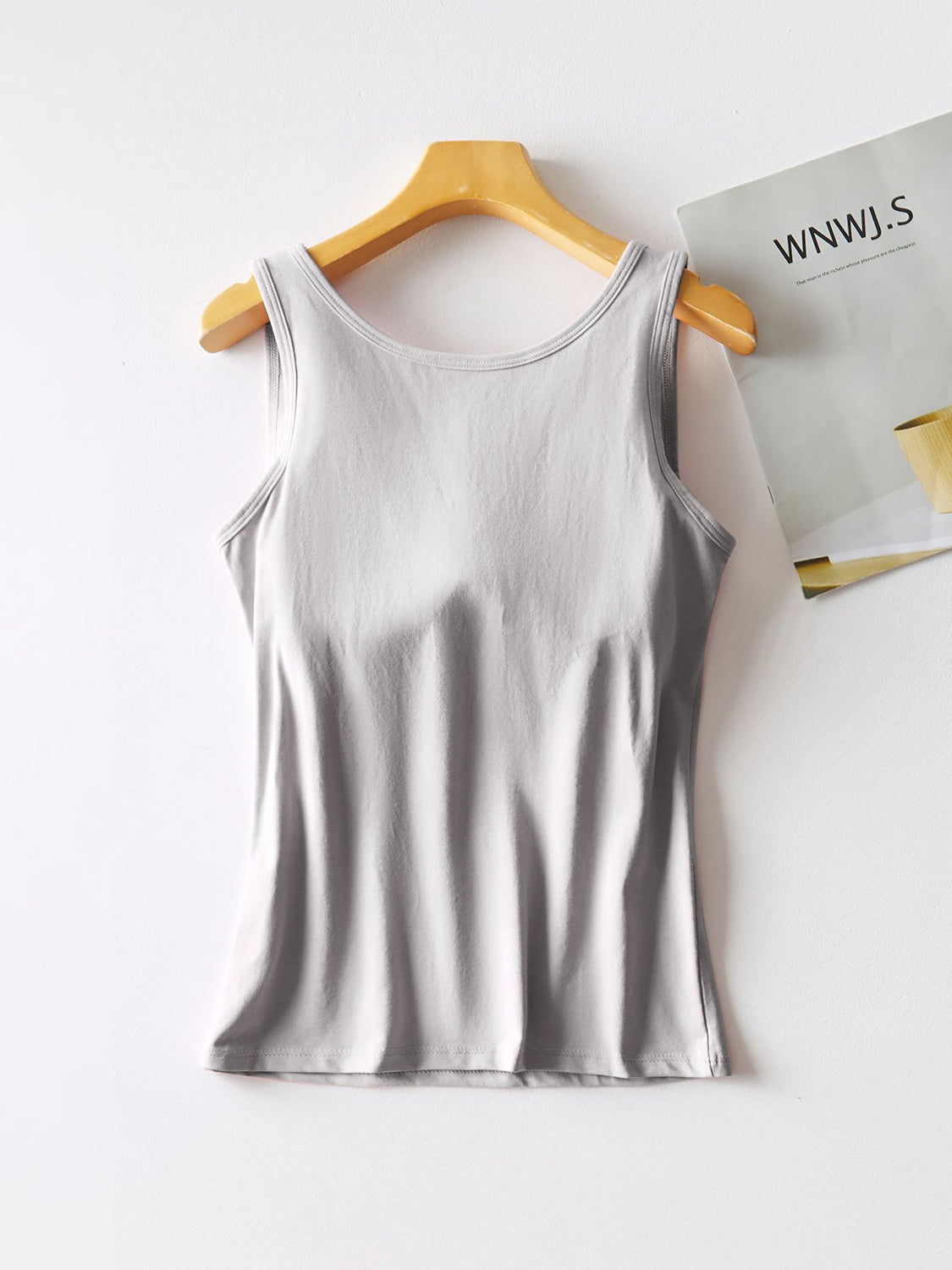 Gray built-in support tank top with scoop neck and racerback detail