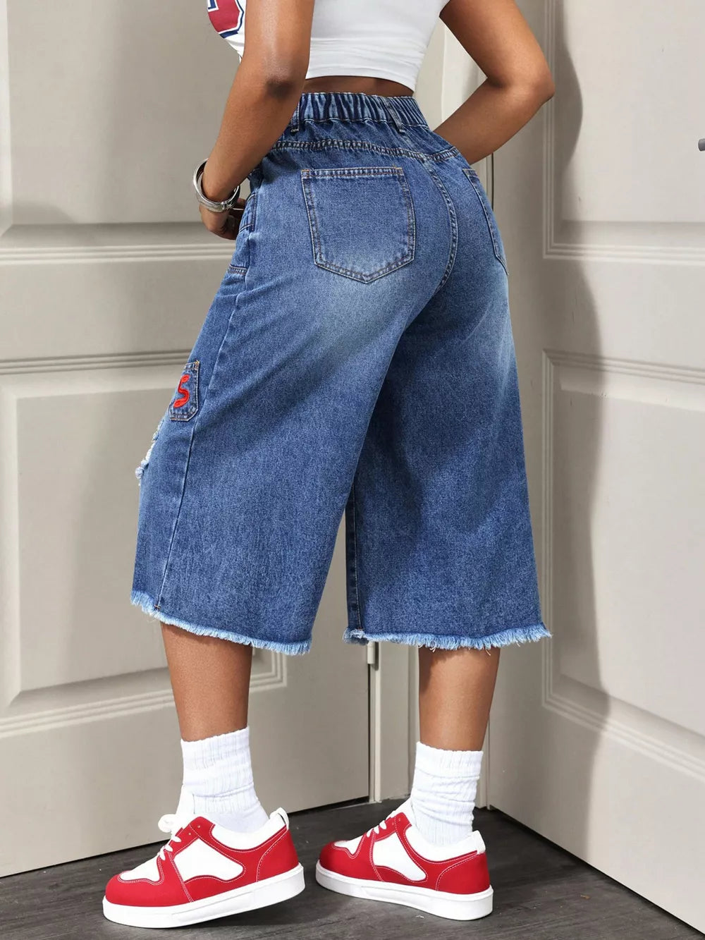 Distressed Wide-leg Denim Capris, back view