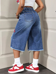 Distressed Wide-leg Denim Capris, back view
