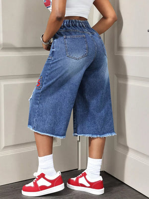 Distressed Wide-leg Denim Capris, back view