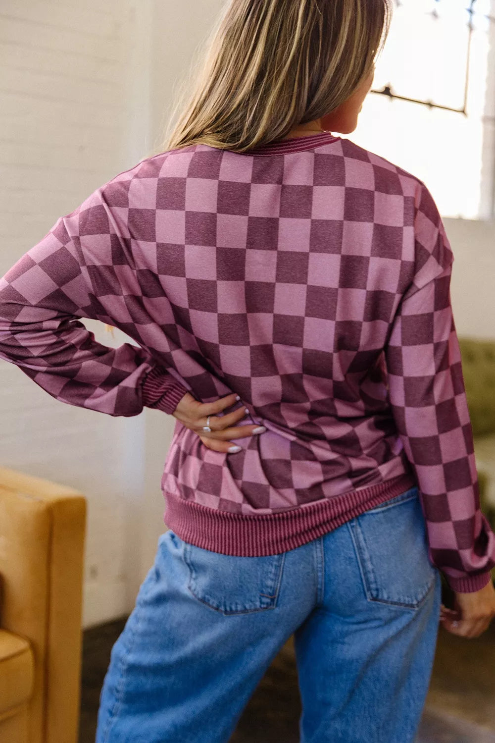 Ribbed Trim Checkered Pullover Shirt, fabric detail