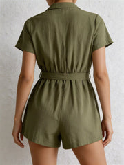 Olive green cotton collared romper with short sleeves and tie waist