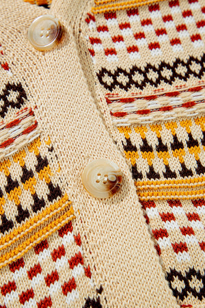 Geometric knit cropped cardigan in khaki with button details and multi-color pattern.
