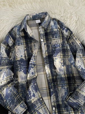 Men's Plus Size Plaid Button Up Casual Shacket in Blue, model styling view