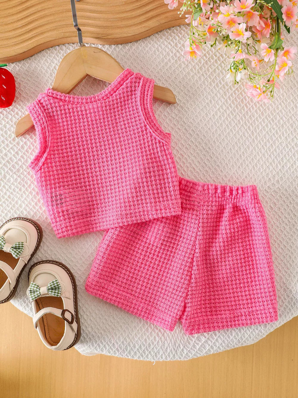 Children's Strawberry Tank And Shorts Set in Pink, fabric detail