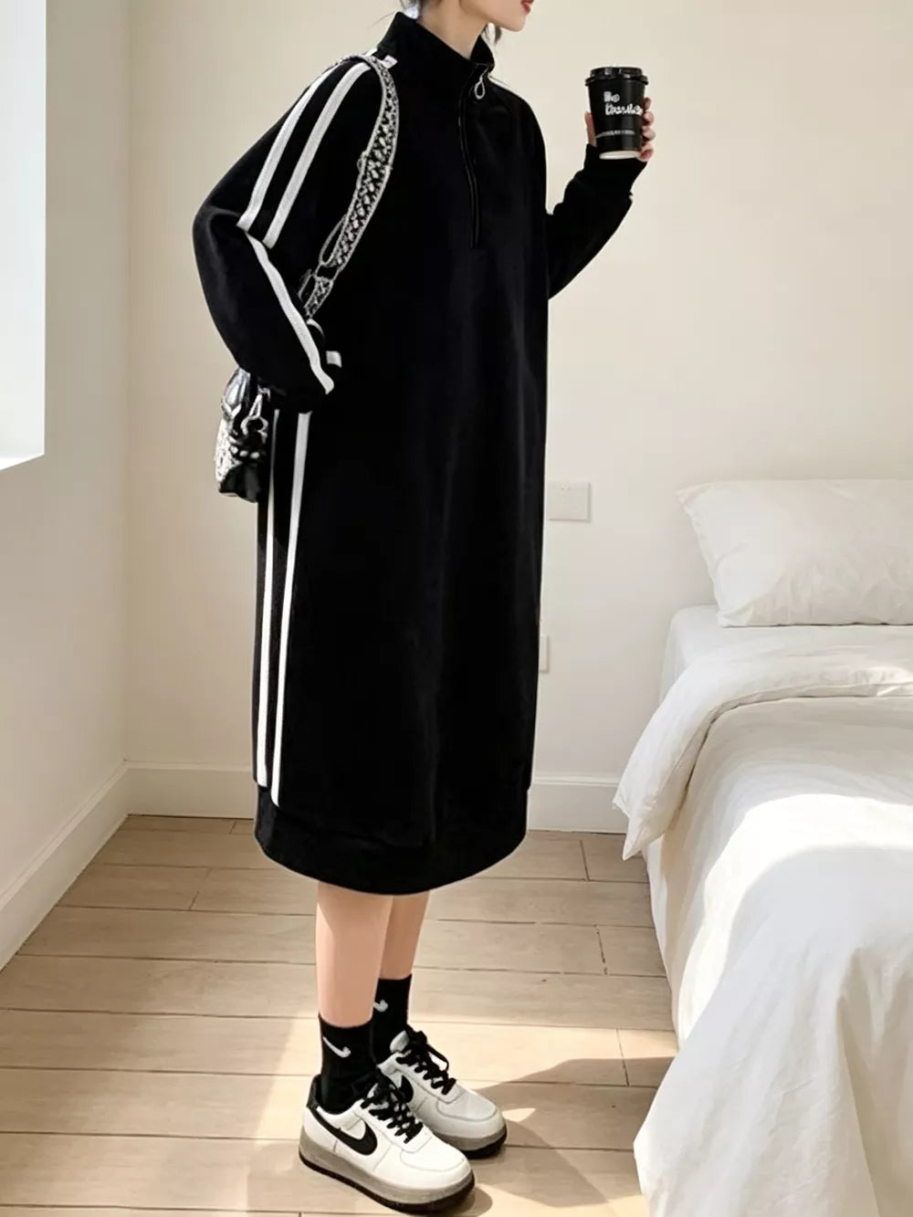 Casual Quarter-zip Mock Neck Midi Dress in Black, side view