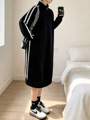 Casual Quarter-zip Mock Neck Midi Dress in Black, side view