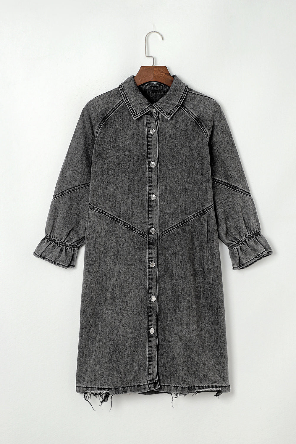 Gray denim shirtdress with ruffled cuffs and distressed hem