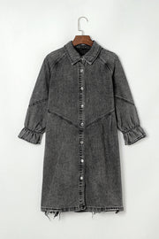 Gray denim shirtdress with ruffled cuffs and distressed hem