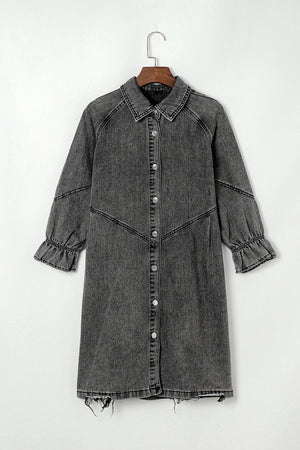Gray denim shirtdress with ruffled cuffs and distressed hem