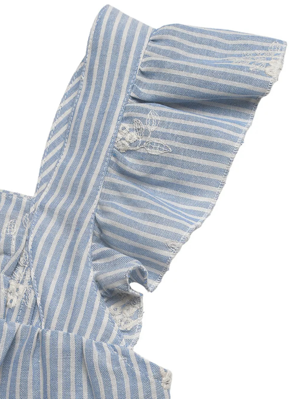 Blue and white striped peplum blouse with embroidered details and ruffled sleeves.