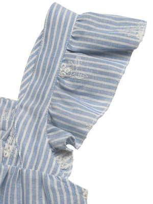 Blue and white striped peplum blouse with embroidered details and ruffled sleeves.