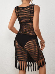 Black open-knit beach cover-up dress with fringe hem and sleeveless design.