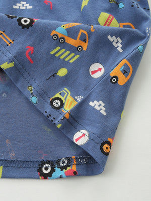 Blue cotton t-shirt with playful construction vehicle print for babies and kids.