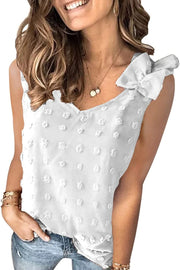 White textured ruffle-sleeve tank top with V-neck and bow details