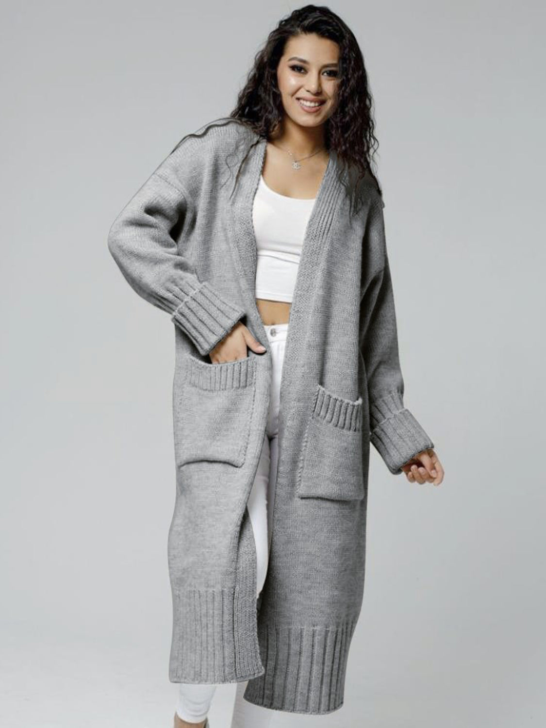Gray oversized ribbed-trim maxi cardigan with pockets and ribbed cuffs.