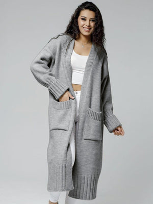 Gray oversized ribbed-trim maxi cardigan with pockets and ribbed cuffs.