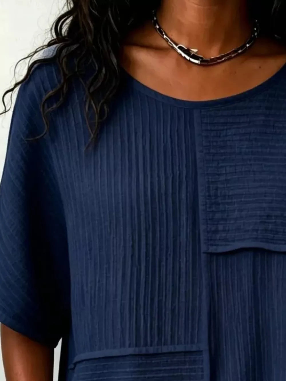Full Size Texture Round Neck Half Sleeve Blouse, fit detail
