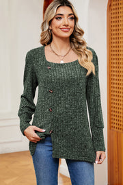 Dark Green ribbed button-down top with asymmetric hem and square neckline.