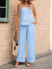 Sky blue cami and wide-leg pants set with lace trim details.