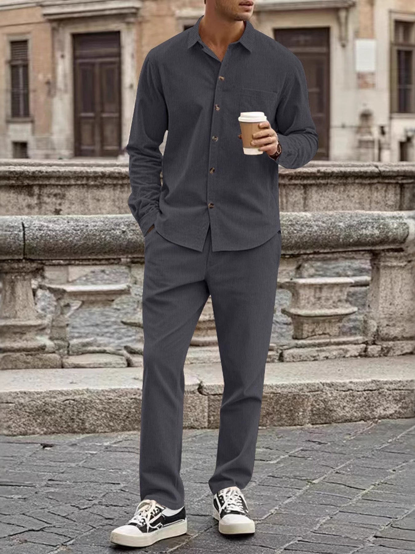 Men's Full Size Button Up Long Sleeve Shirt And Pants Set, side view