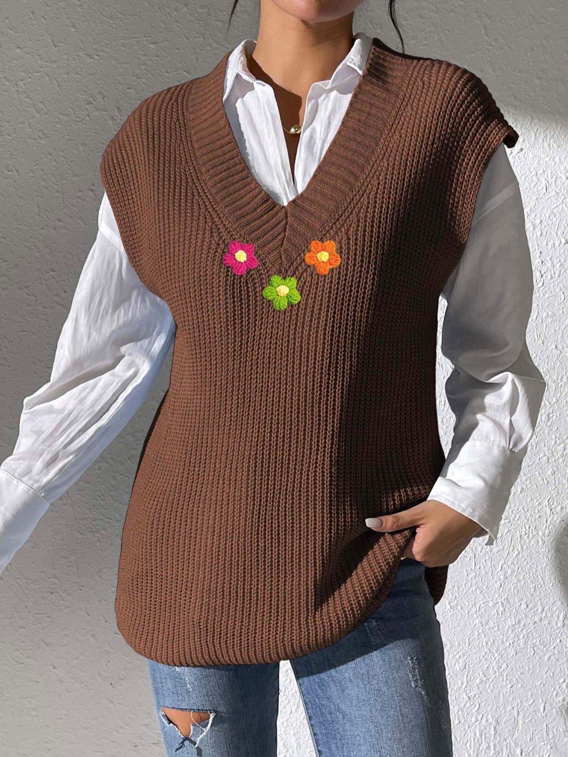 Coffee brown ribbed knit vest with embroidered flowers, V-neck, sleeveless, acrylic.