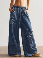 Distressed Floral Appliqué Wide-leg Jeans